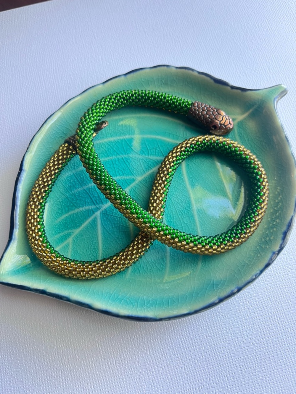 Green and Gold Beaded Snake Necklace